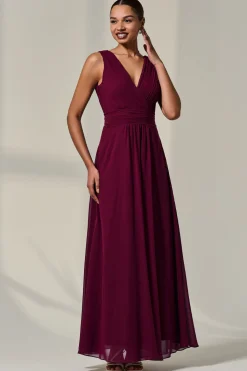 Jolie Moi Occasion Dresses|Maxi Dresses-Cora Sleeveless Chiffon Maxi Dress, Burgundy