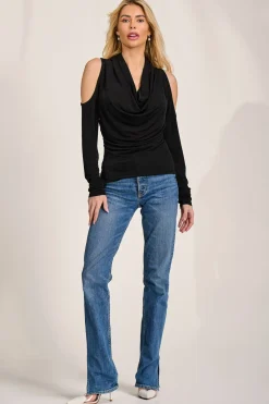 Jolie Moi Tops-Cowl Neckline Cold Shoulder Jersey Top, Black