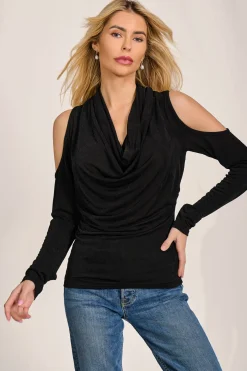 Jolie Moi Tops-Cowl Neckline Cold Shoulder Jersey Top, Black