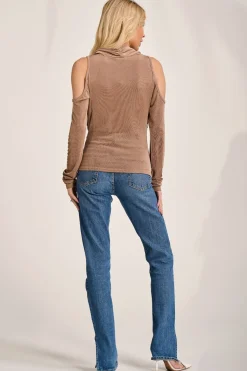 Jolie Moi Tops-Cowl Neckline Cold Shoulder Jersey Top, Mocha