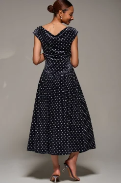Jolie Moi Occasion Dresses|Sleeveless Dresses-Cowl Neckline Draped Velvet Midaxi Dress, Black Polka Dot