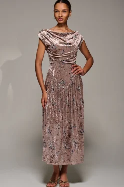 Jolie Moi Occasion Dresses|Floral Dresses-Cowl Neckline Draped Velvet Midaxi Dress, Neutral Floral