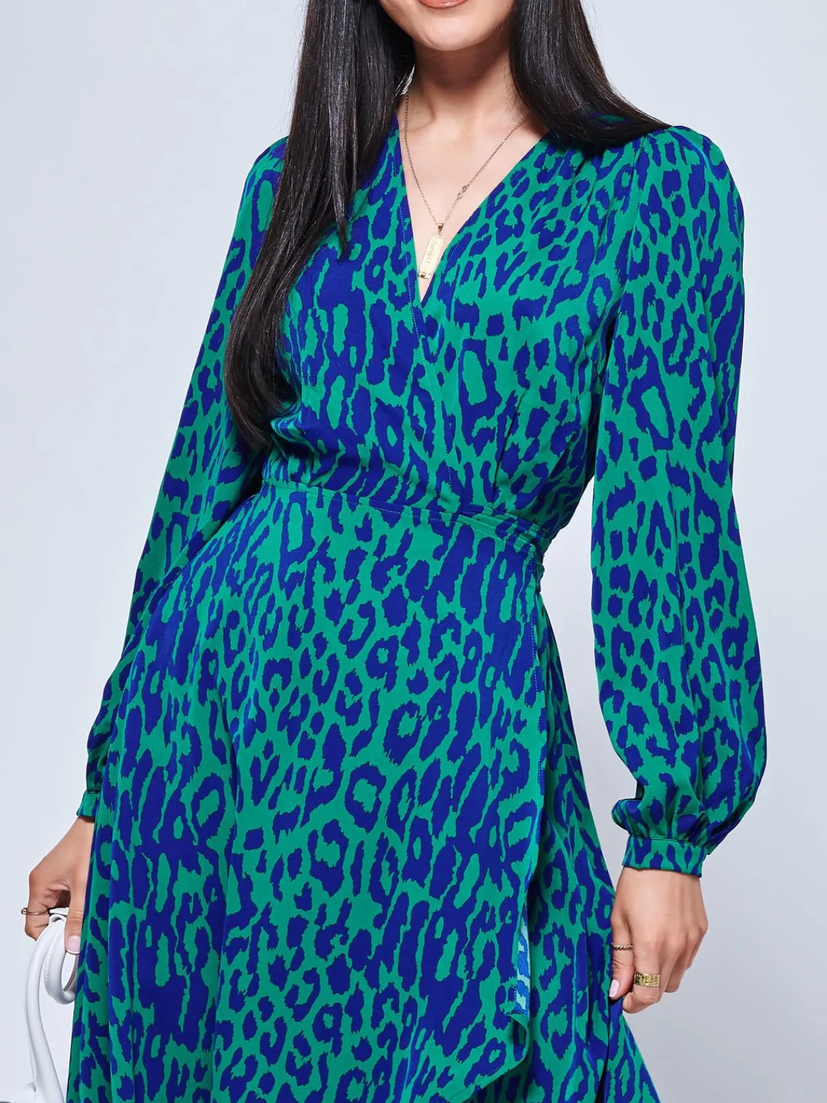 Jolie Moi Occasion Dresses|Weekend Casuals-Crepe Wrap Long Sleeve Midi Dress, Green Animal