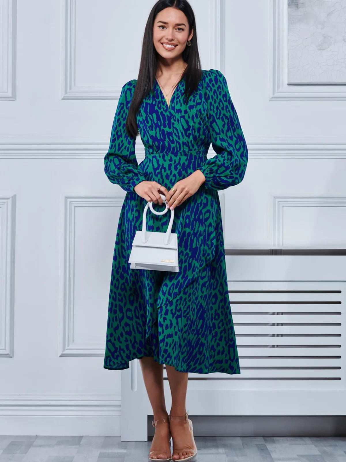 Jolie Moi Occasion Dresses|Weekend Casuals-Crepe Wrap Long Sleeve Midi Dress, Green Animal