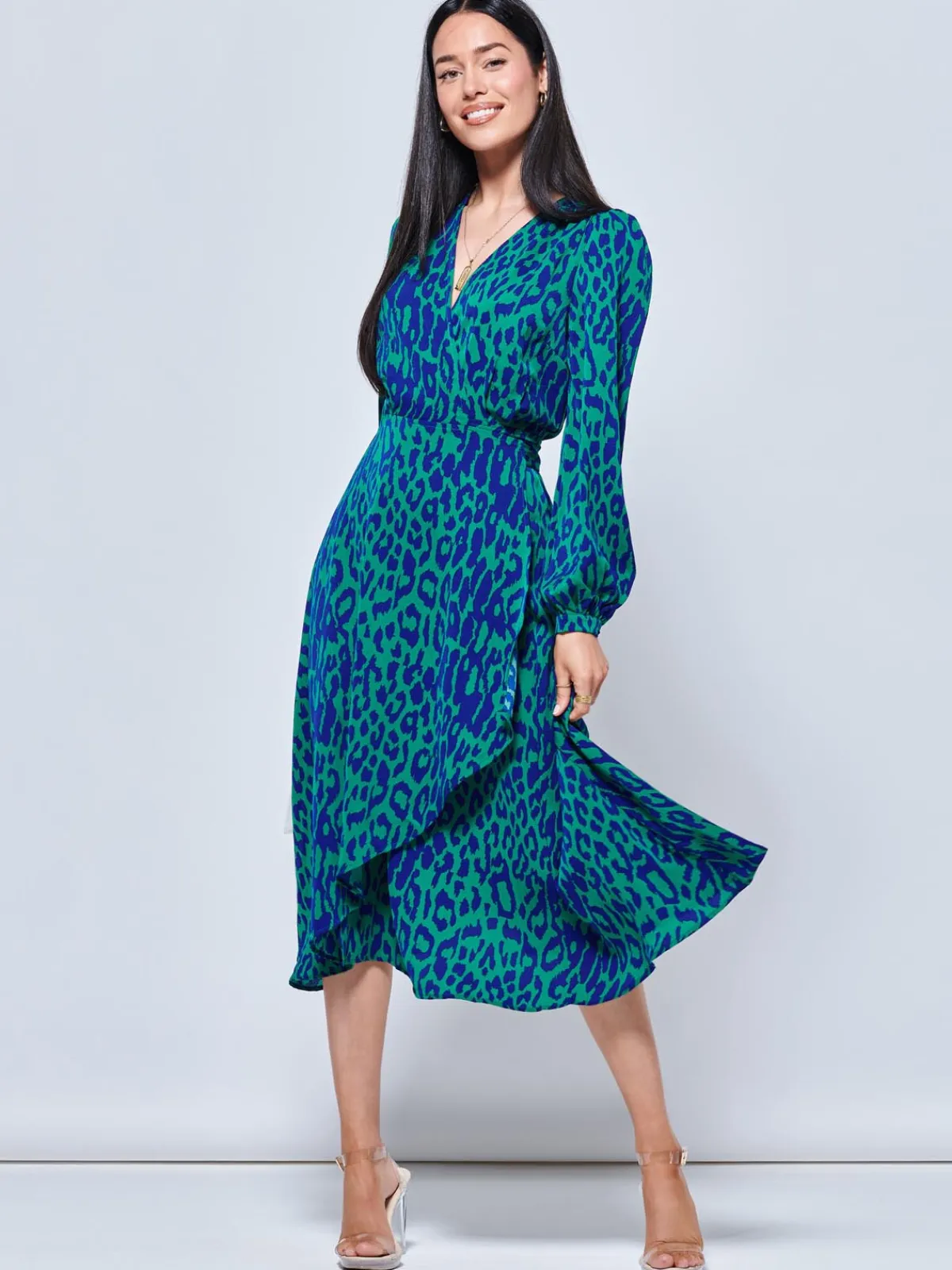 Jolie Moi Occasion Dresses|Weekend Casuals-Crepe Wrap Long Sleeve Midi Dress, Green Animal