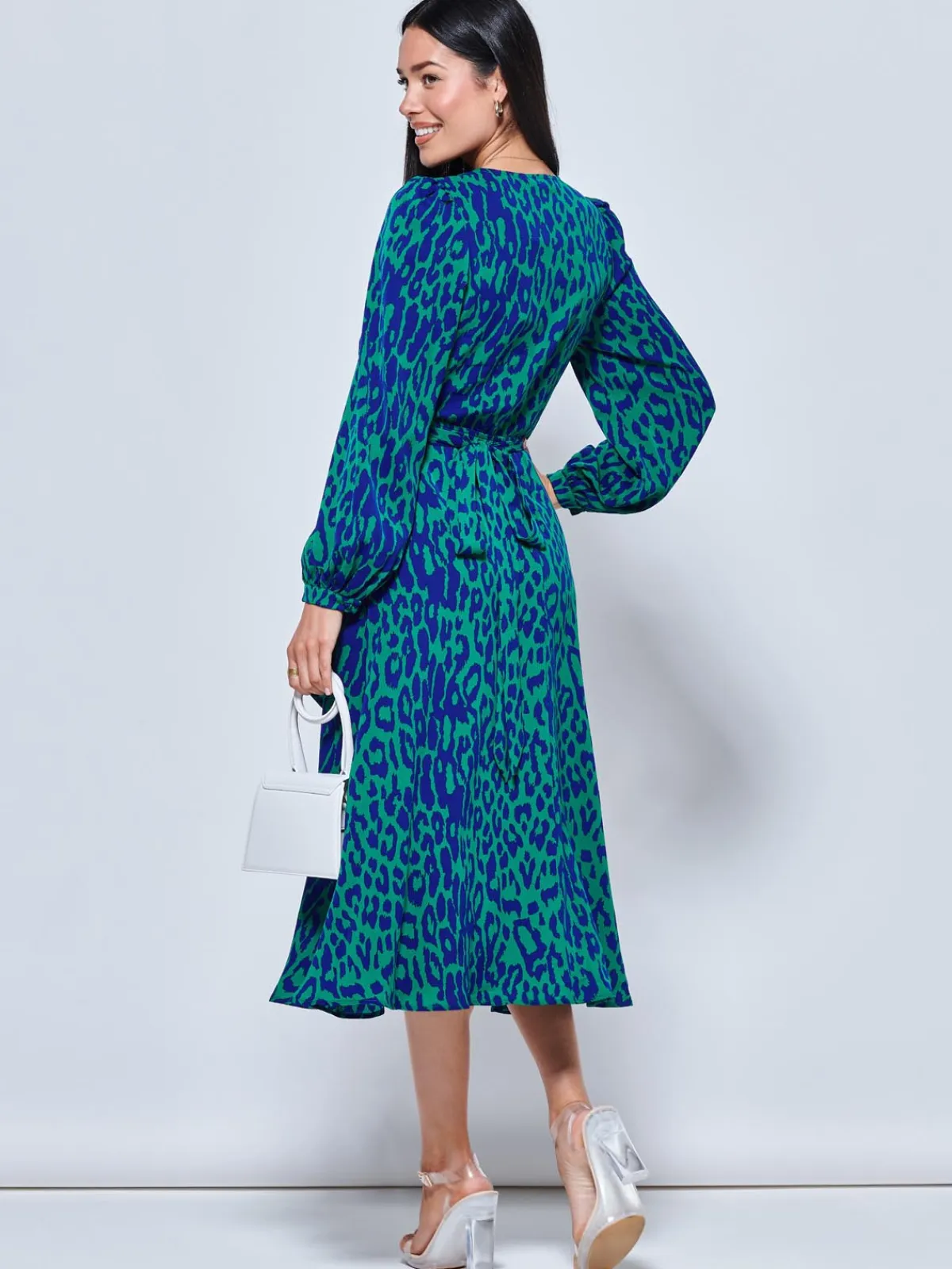 Jolie Moi Occasion Dresses|Weekend Casuals-Crepe Wrap Long Sleeve Midi Dress, Green Animal