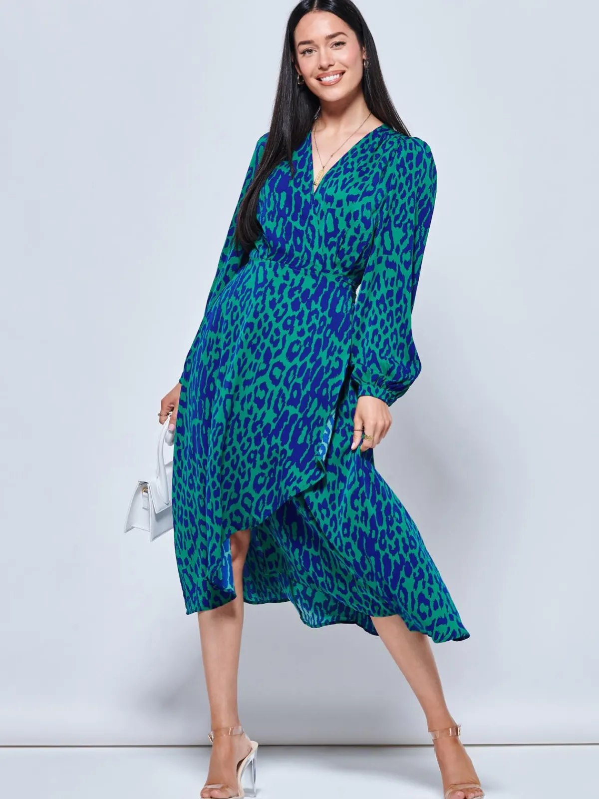 Jolie Moi Occasion Dresses|Weekend Casuals-Crepe Wrap Long Sleeve Midi Dress, Green Animal