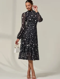 Jolie Moi Occasion Dresses|Midi Dresses-Crew Neck Pleated Long Sleeve Midi, Black Polka