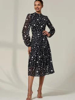 Jolie Moi Occasion Dresses|Midi Dresses-Crew Neck Pleated Long Sleeve Midi, Black Polka