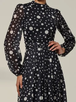 Jolie Moi Occasion Dresses|Midi Dresses-Crew Neck Pleated Long Sleeve Midi, Black Polka