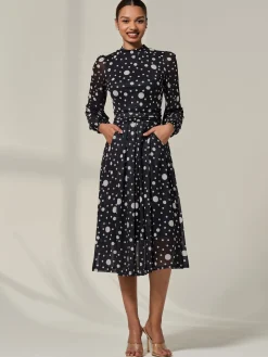 Jolie Moi Occasion Dresses|Midi Dresses-Crew Neck Pleated Long Sleeve Midi, Black Polka