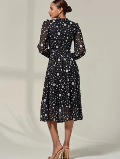 Jolie Moi Occasion Dresses|Midi Dresses-Crew Neck Pleated Long Sleeve Midi, Black Polka