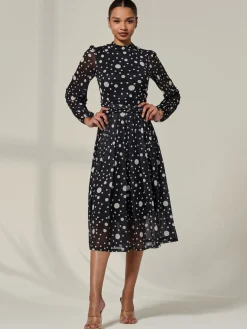 Jolie Moi Occasion Dresses|Midi Dresses-Crew Neck Pleated Long Sleeve Midi, Black Polka