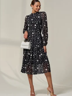 Jolie Moi Occasion Dresses|Midi Dresses-Crew Neck Pleated Long Sleeve Midi, Black Polka