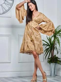 Jolie Moi Occasion Dresses|Midi Dresses-Crochet Tri idi Hoiday Dre, Khaki Pattern