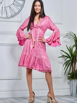 Jolie Moi Occasion Dresses|Weekend Casuals-Crochet Tri idi Hoiday Dre, Pink Pattern
