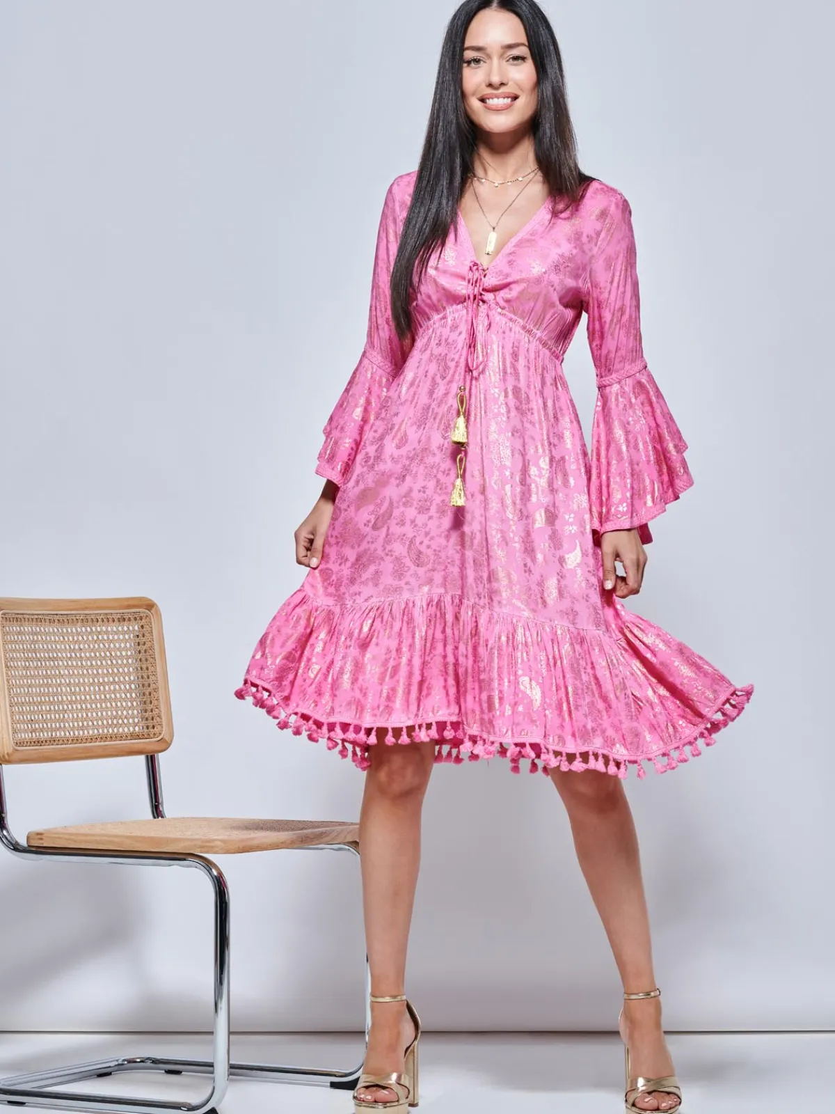 Jolie Moi Occasion Dresses|Weekend Casuals-Crochet Tri idi Hoiday Dre, Pink Pattern