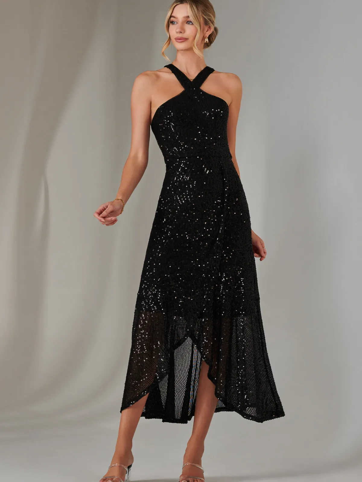 Jolie Moi Occasion Dresses|Sleeveless Dresses-Cross Neck Frill Hem Maxi Dress, Black