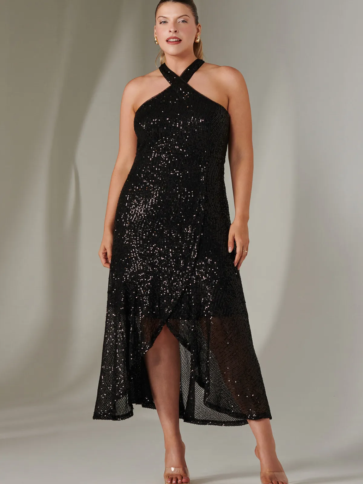 Jolie Moi Occasion Dresses|Sleeveless Dresses-Cross Neck Frill Hem Maxi Dress, Black