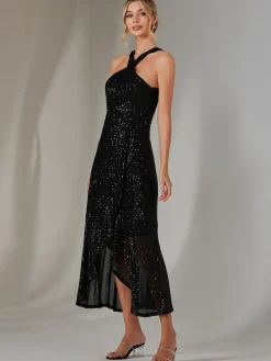 Jolie Moi Occasion Dresses|Sleeveless Dresses-Cross Neck Frill Hem Maxi Dress, Black