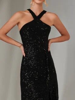Jolie Moi Occasion Dresses|Sleeveless Dresses-Cross Neck Frill Hem Maxi Dress, Black