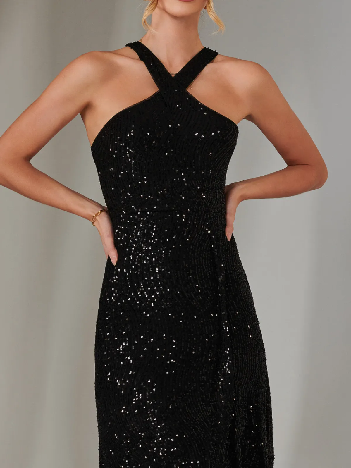 Jolie Moi Occasion Dresses|Sleeveless Dresses-Cross Neck Frill Hem Maxi Dress, Black