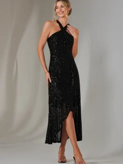 Jolie Moi Occasion Dresses|Sleeveless Dresses-Cross Neck Frill Hem Maxi Dress, Black
