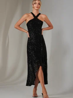 Jolie Moi Occasion Dresses|Sleeveless Dresses-Cross Neck Frill Hem Maxi Dress, Black