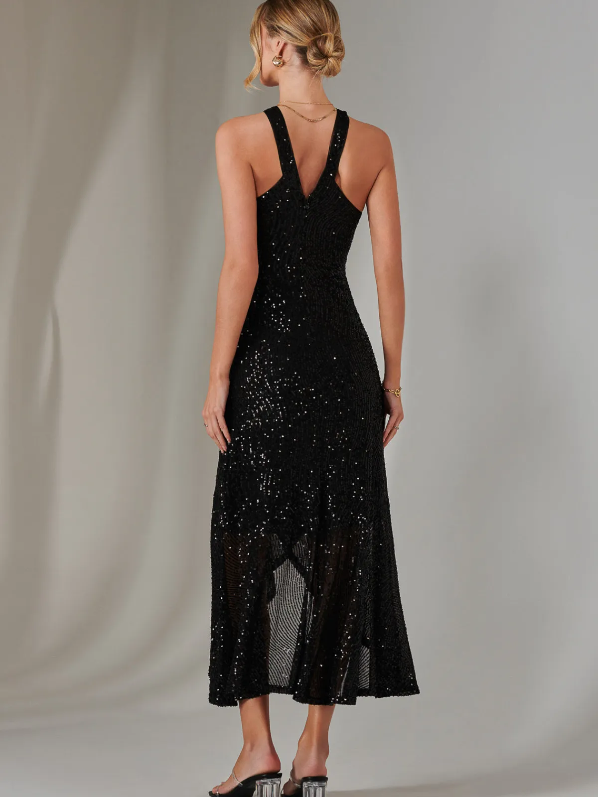 Jolie Moi Occasion Dresses|Sleeveless Dresses-Cross Neck Frill Hem Maxi Dress, Black