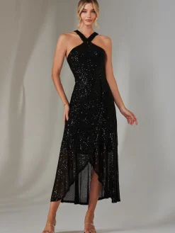 Jolie Moi Occasion Dresses|Sleeveless Dresses-Cross Neck Frill Hem Maxi Dress, Black
