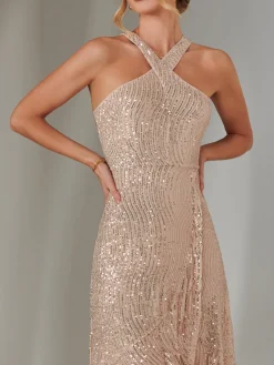 Jolie Moi Occasion Dresses|Sleeveless Dresses-Cross Neck Frill Hem Maxi Dress, Rose Gold