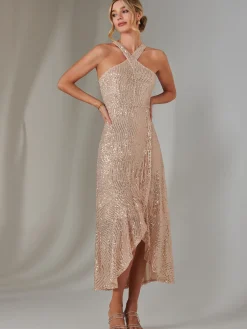 Jolie Moi Occasion Dresses|Sleeveless Dresses-Cross Neck Frill Hem Maxi Dress, Rose Gold