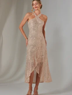 Jolie Moi Occasion Dresses|Sleeveless Dresses-Cross Neck Frill Hem Maxi Dress, Rose Gold