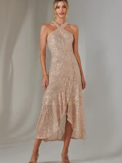Jolie Moi Occasion Dresses|Sleeveless Dresses-Cross Neck Frill Hem Maxi Dress, Rose Gold