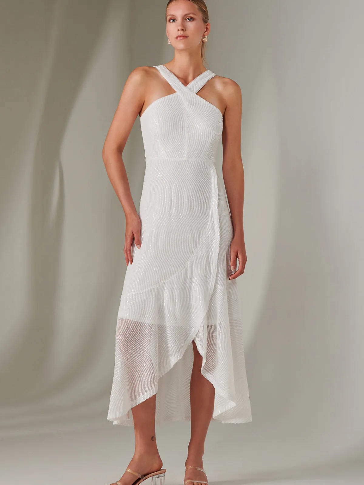 Jolie Moi Occasion Dresses|Sleeveless Dresses-Cross Neck Frill Hem Maxi Dress, White