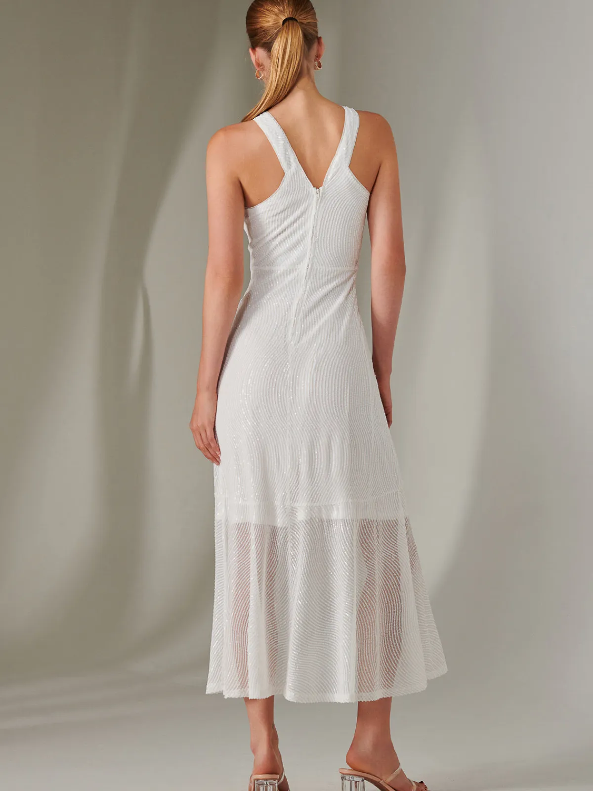 Jolie Moi Occasion Dresses|Sleeveless Dresses-Cross Neck Frill Hem Maxi Dress, White