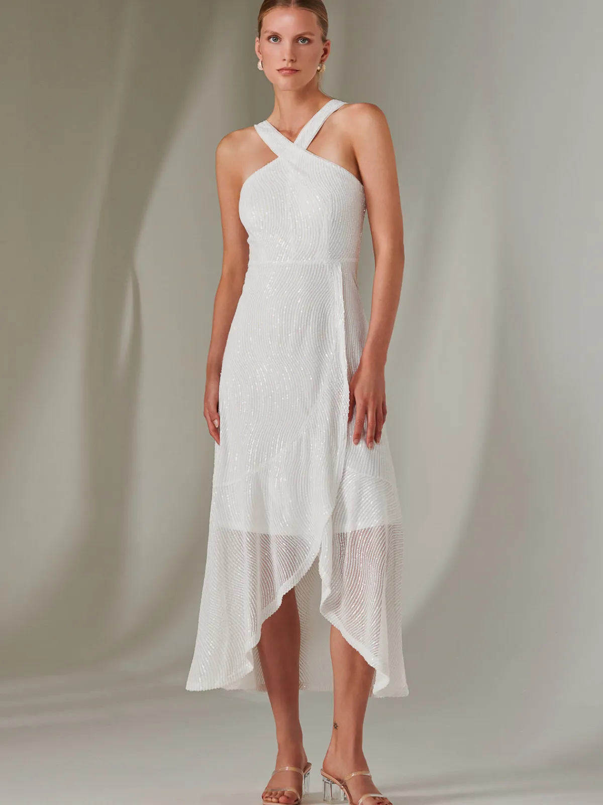 Jolie Moi Occasion Dresses|Sleeveless Dresses-Cross Neck Frill Hem Maxi Dress, White