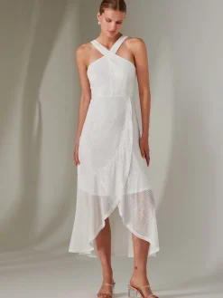 Jolie Moi Occasion Dresses|Sleeveless Dresses-Cross Neck Frill Hem Maxi Dress, White