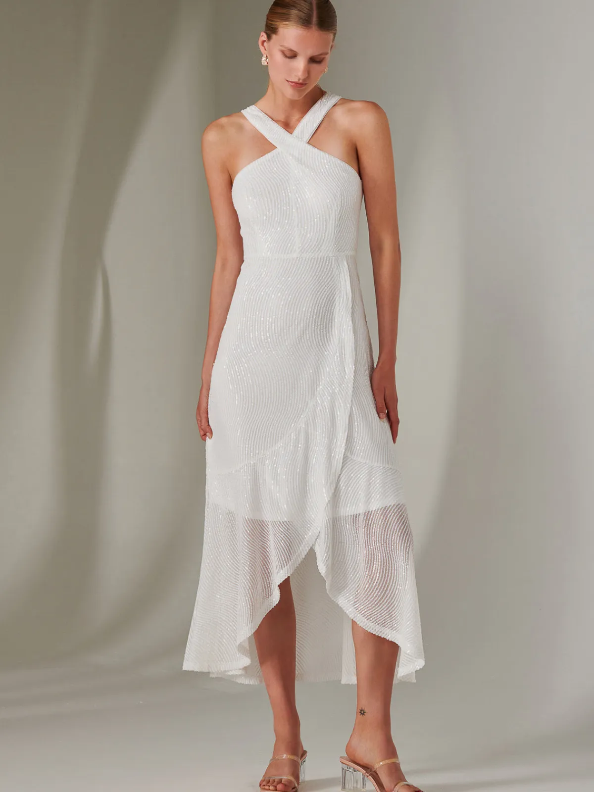 Jolie Moi Occasion Dresses|Sleeveless Dresses-Cross Neck Frill Hem Maxi Dress, White