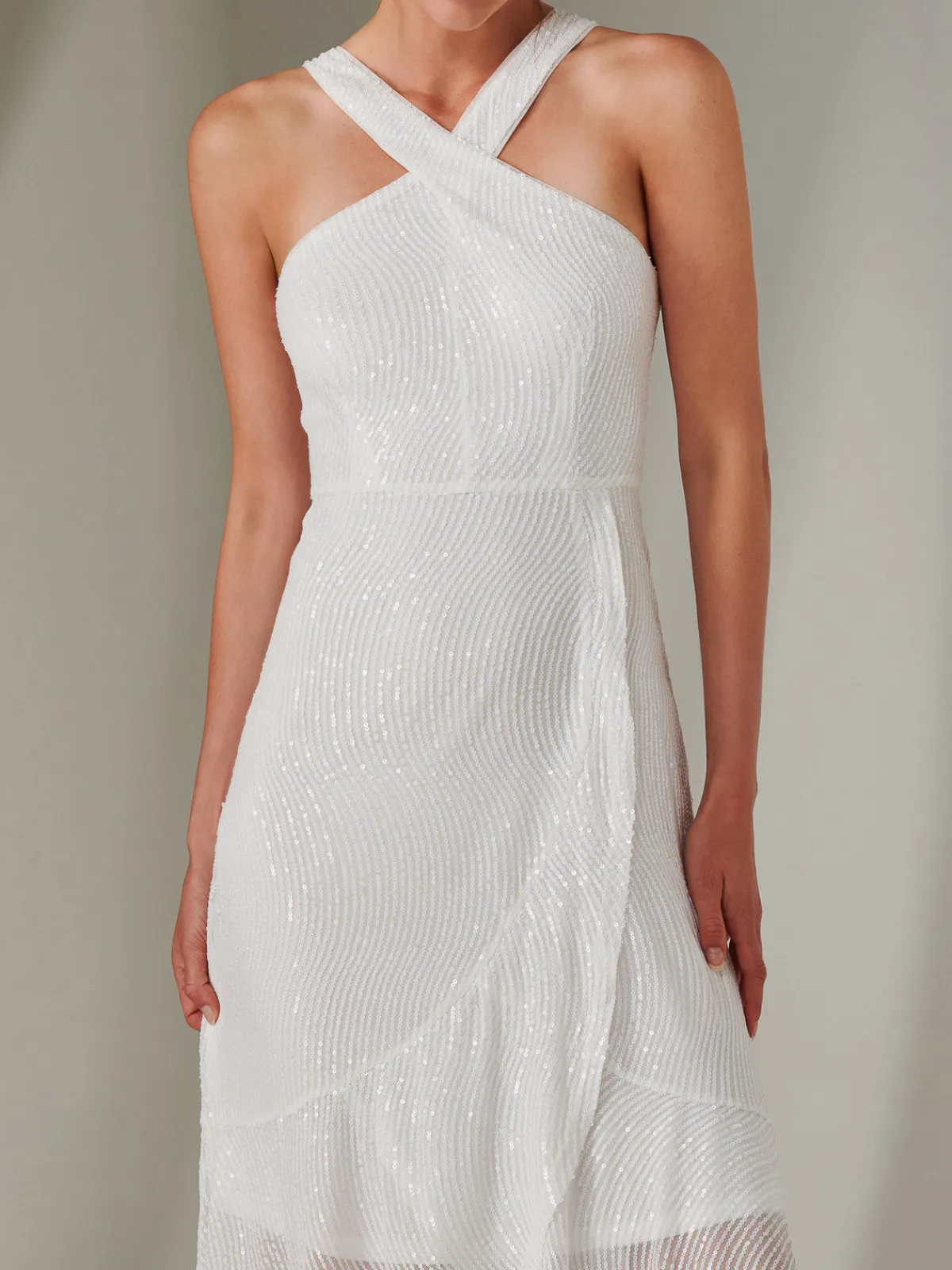 Jolie Moi Occasion Dresses|Sleeveless Dresses-Cross Neck Frill Hem Maxi Dress, White