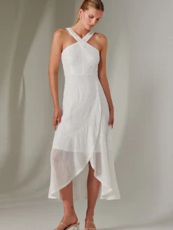 Jolie Moi Occasion Dresses|Sleeveless Dresses-Cross Neck Frill Hem Maxi Dress, White