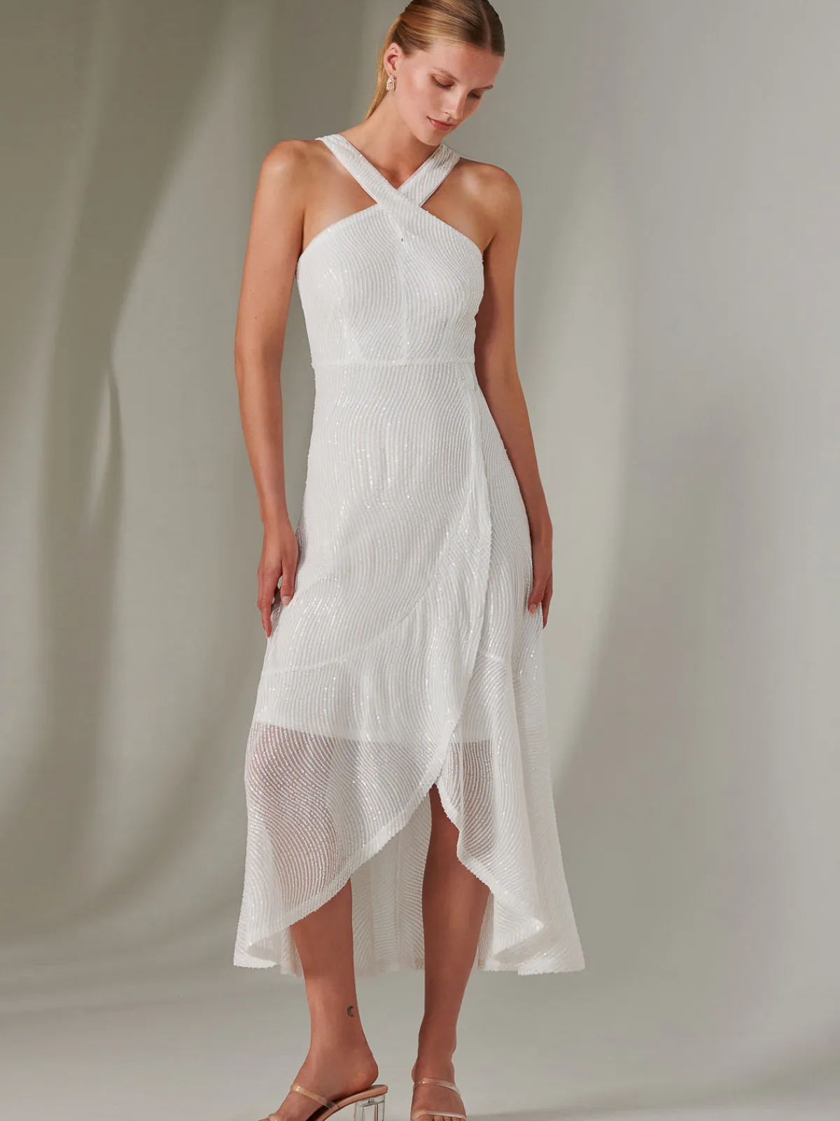 Jolie Moi Occasion Dresses|Sleeveless Dresses-Cross Neck Frill Hem Maxi Dress, White