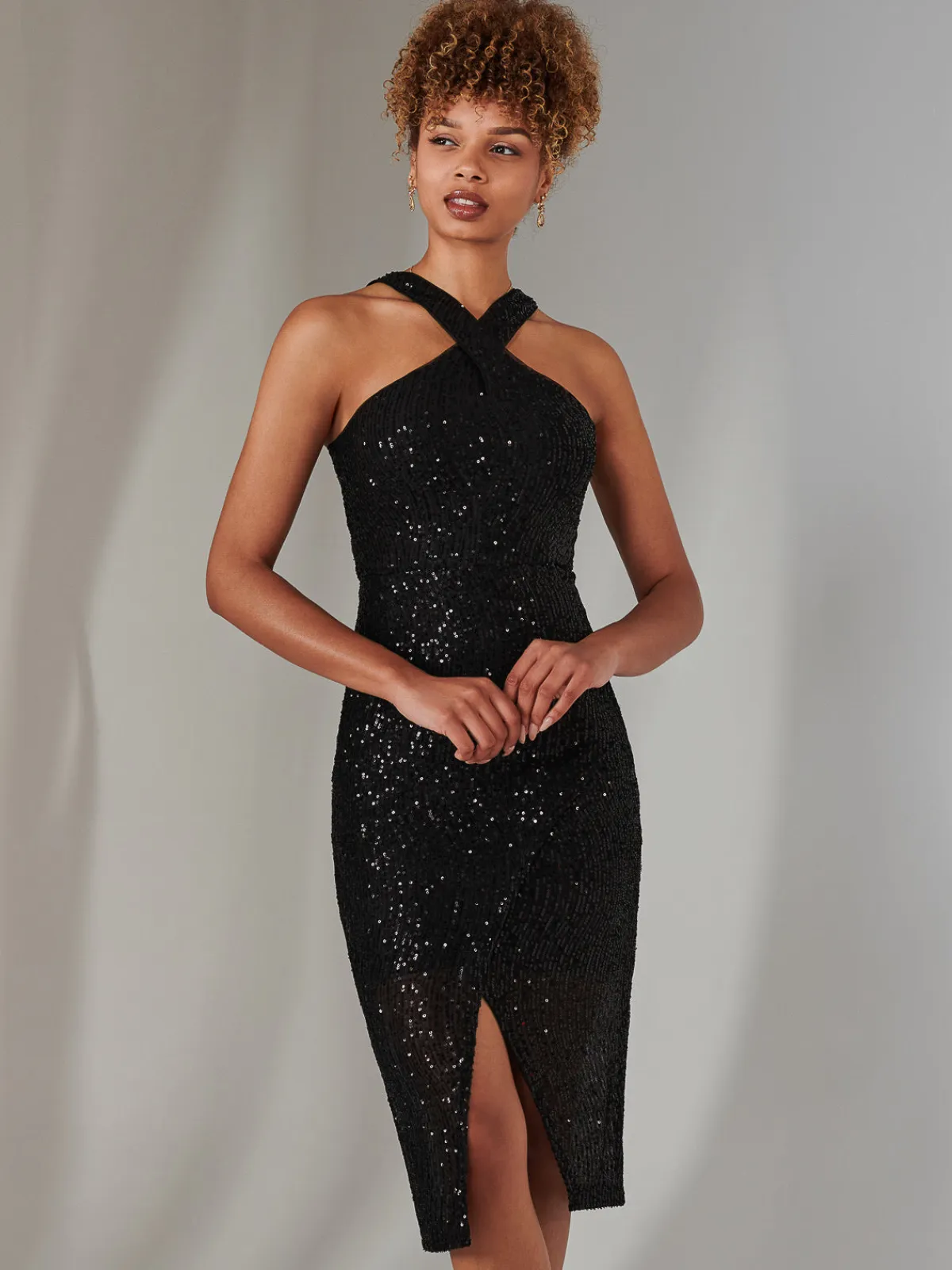 Jolie Moi Occasion Dresses|Sleeveless Dresses-Cross Neck Slit Bodycon Dress, Black