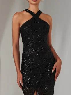 Jolie Moi Occasion Dresses|Sleeveless Dresses-Cross Neck Slit Bodycon Dress, Black