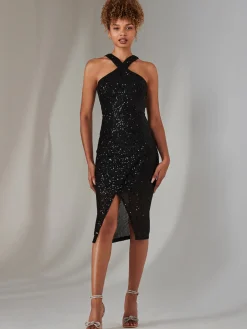 Jolie Moi Occasion Dresses|Sleeveless Dresses-Cross Neck Slit Bodycon Dress, Black