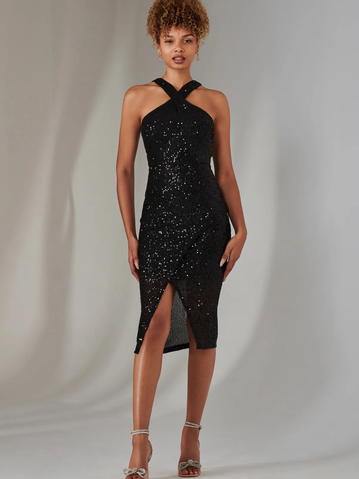 Jolie Moi Occasion Dresses|Sleeveless Dresses-Cross Neck Slit Bodycon Dress, Black