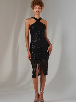 Jolie Moi Occasion Dresses|Sleeveless Dresses-Cross Neck Slit Bodycon Dress, Black