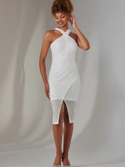 Jolie Moi Occasion Dresses|Party Dresses-Cross Neck Slit Bodycon Dress, White