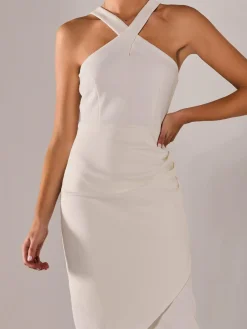 Jolie Moi Occasion Dresses|Sleeveless Dresses-Cross Over Halter Neck Midi Dress, White