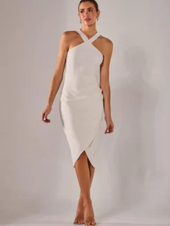 Jolie Moi Occasion Dresses|Sleeveless Dresses-Cross Over Halter Neck Midi Dress, White